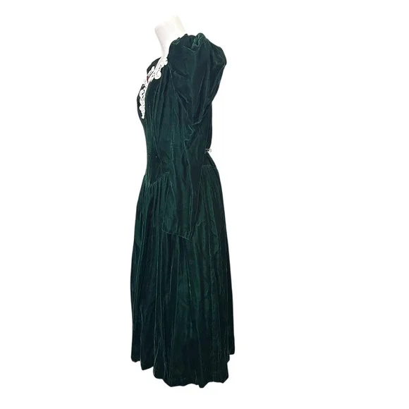 Jessica McClintock Emerald Green Victorian Velvet Lace Dress Vintage sz  15/16